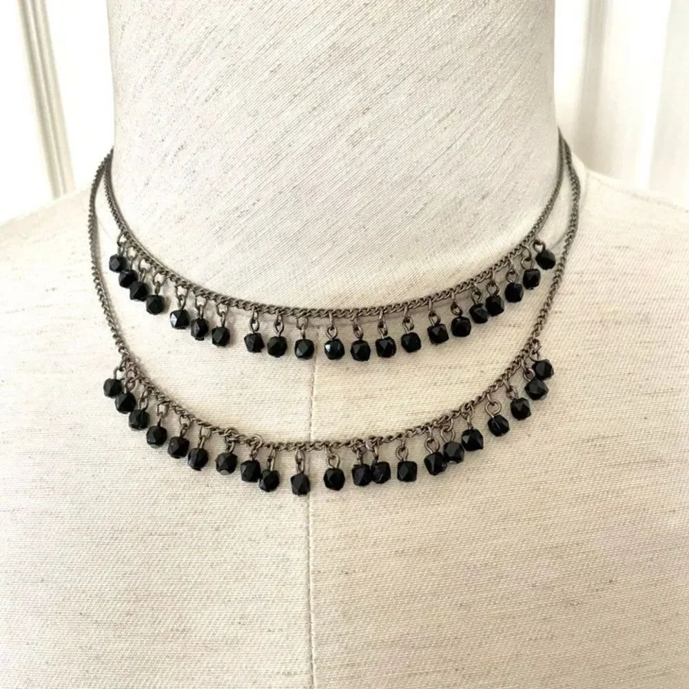 Claires double stranded silver tone black beaded necklace
